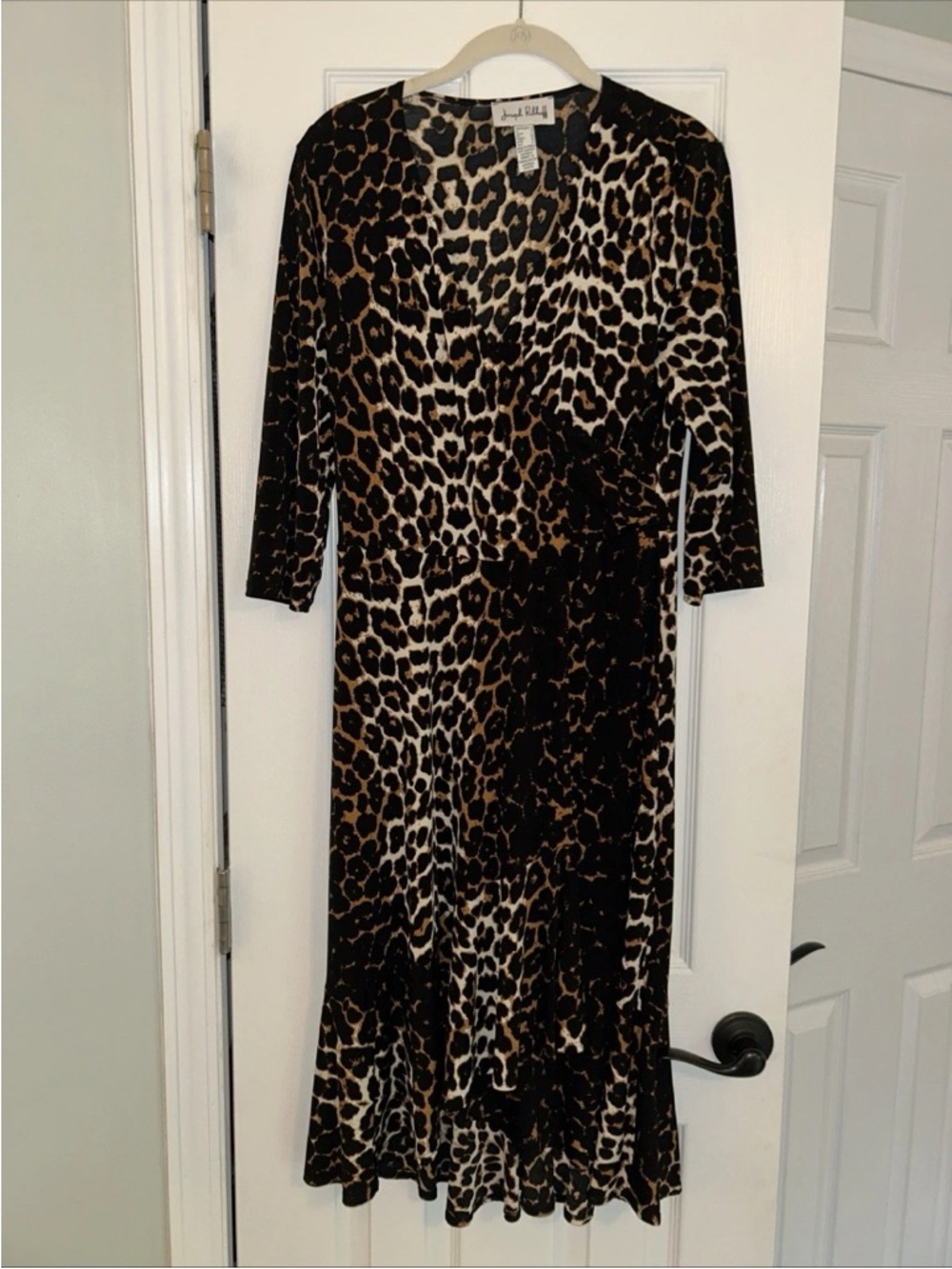 Joseph Ribkoff Leopard animal print faux wrap dress  US size 8 with ruffle hem